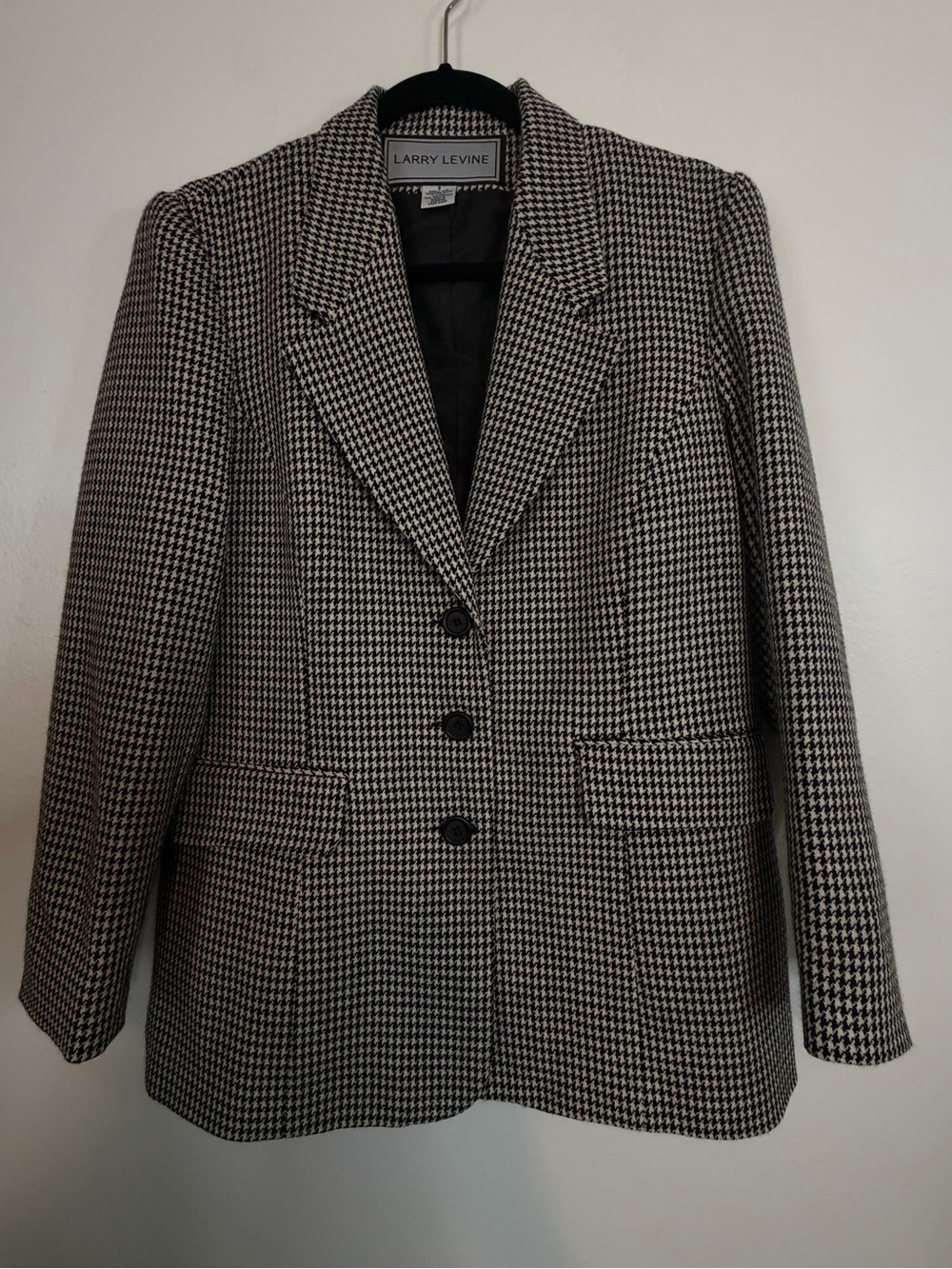 Vintage Larry Levine Houndstooth Wool Blazer Black White Check Jacket Size 8